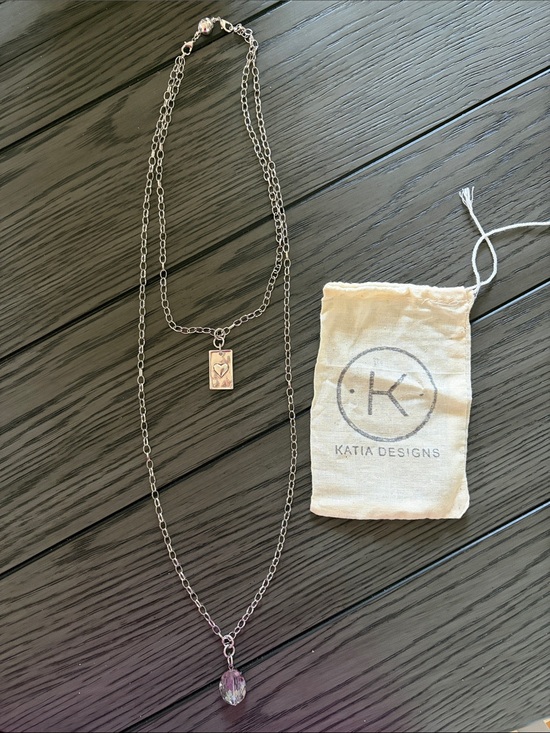 Katia Designs Jewelry - Katia Designs Silver Double-Layer Necklace with Silver Crystal Pendant